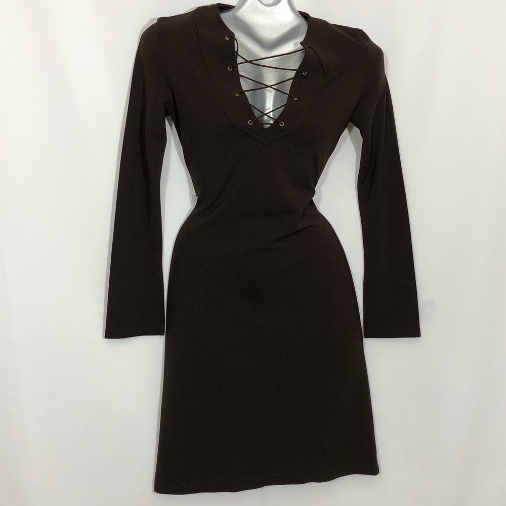 ABS ALLEN SCHWARTZ deep v neck lacing midi dress